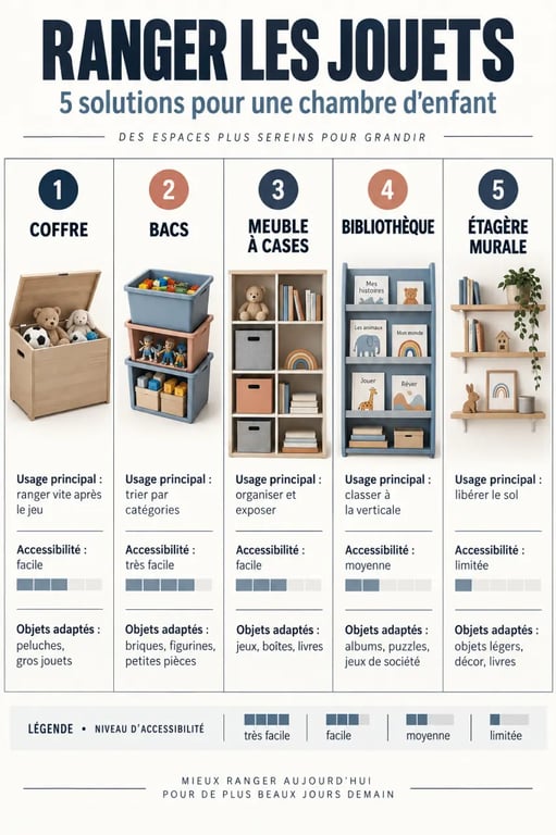 Infographie sur les types de rangement jouet meuble pour organiser une chambre d’enfant