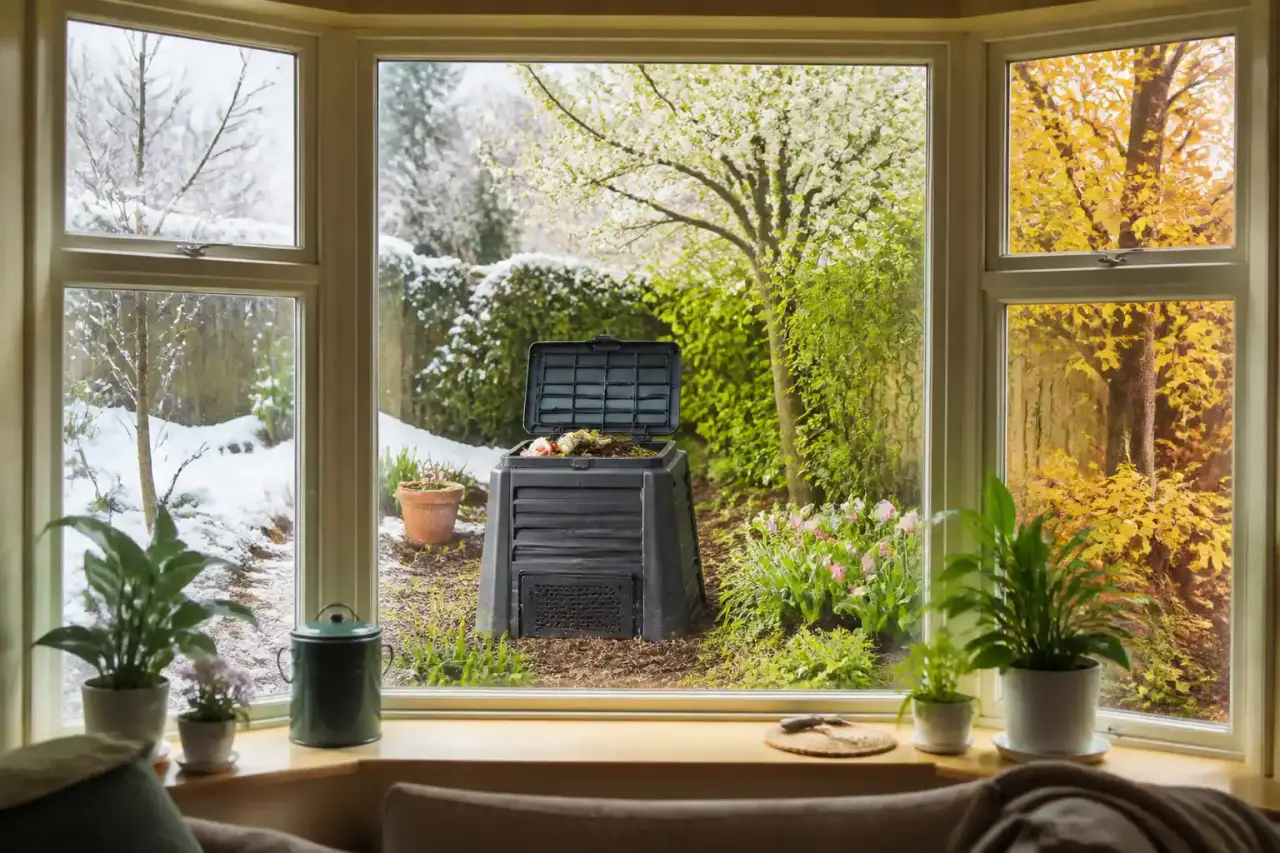 Bow-window en chêne clair donnant sur un jardin avec un bac à compost