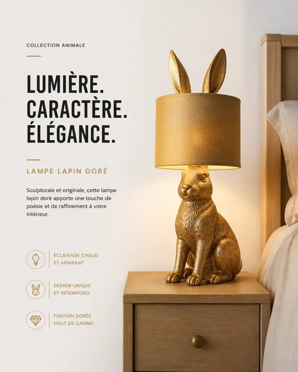 Lampe originale en forme de lapin doré sur une table de chevet