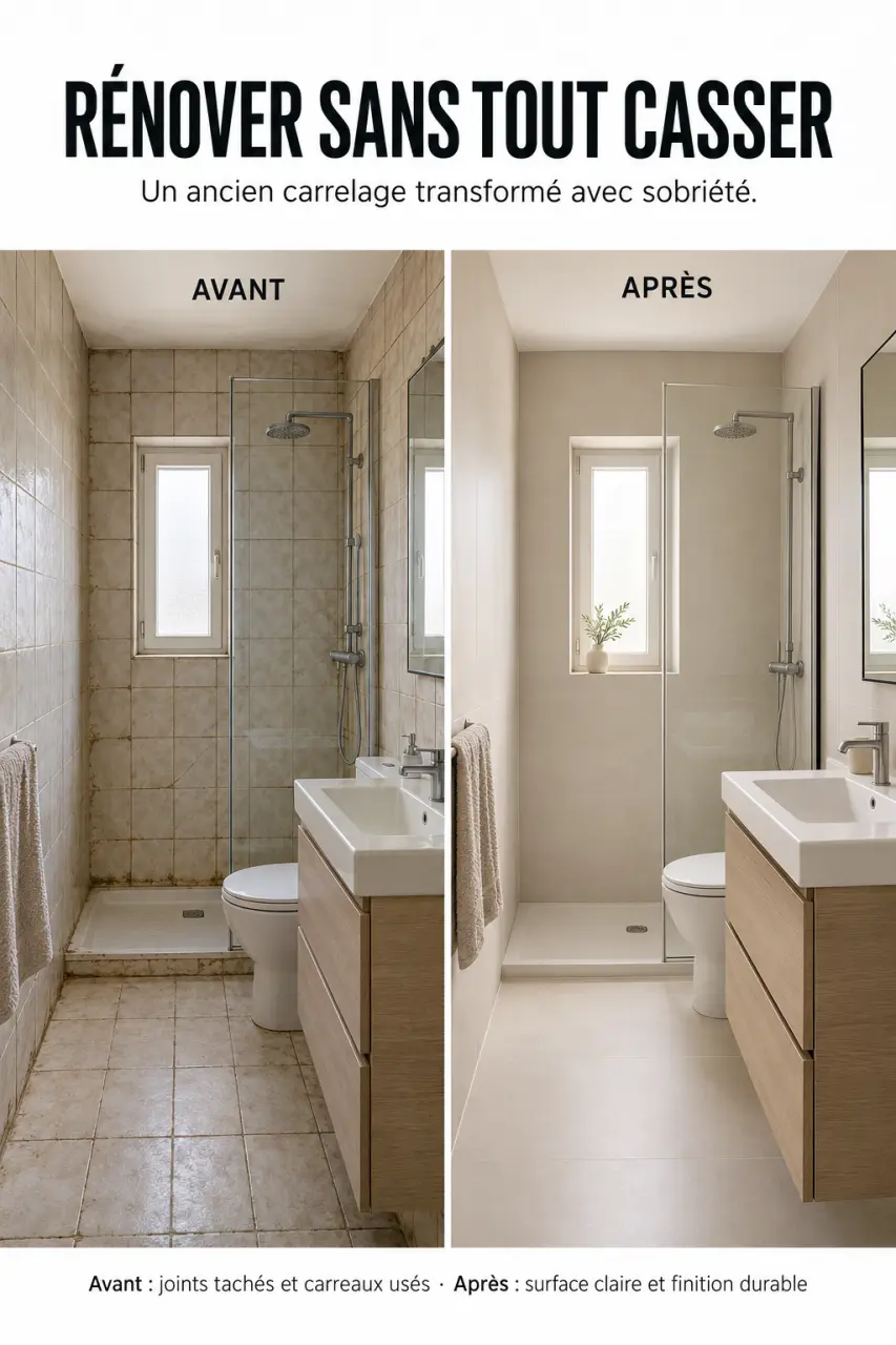 Avant après d’une rénovation de déco murale salle de bains sur ancien carrelage