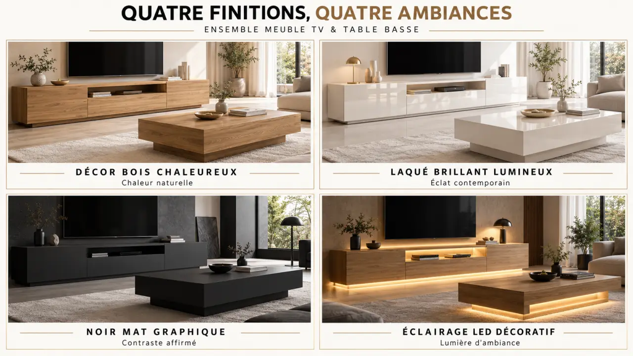 Infographie des finitions pour un ensemble meuble TV et table basse