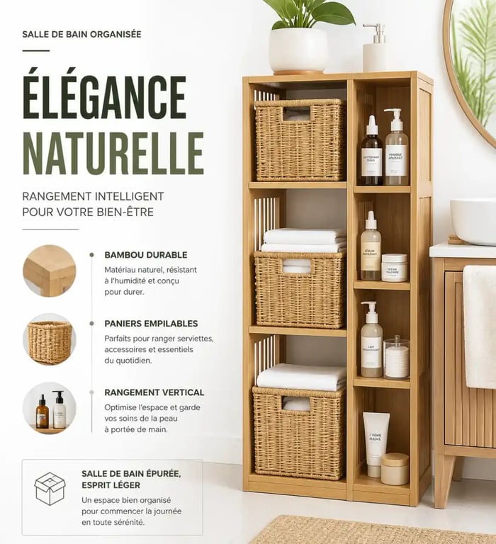 Rangement produits de beauté vertical avec paniers et étagères pour optimiser l'espace.