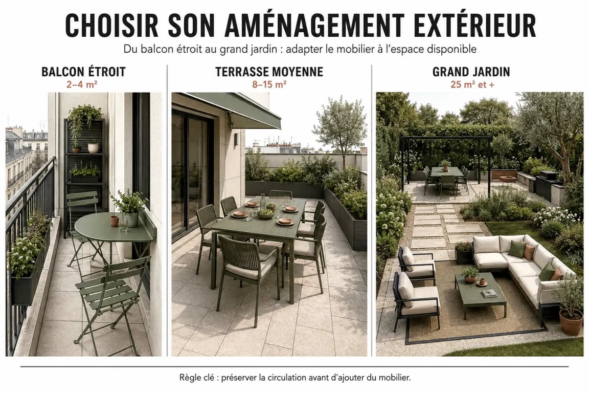 Meubles de jardin extérieur : comparaison visuelle entre balcon compact, terrasse moyenne et grand jardin aménagé