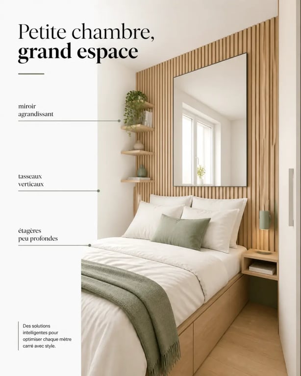 Idées déco murs chambre : tasseaux de bois et miroir pour agrandir une petite chambre