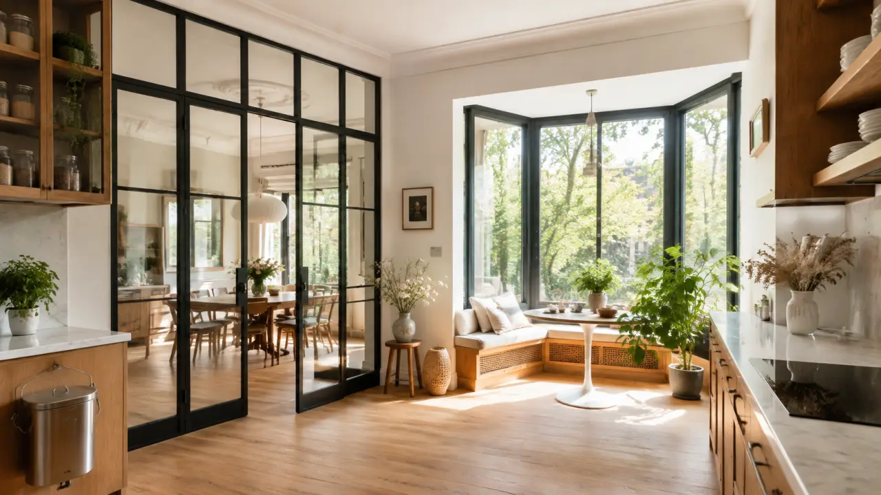 Fenêtre en oriel moderne avec structure en acier noir, banquette en chêne clair et lumière naturelle