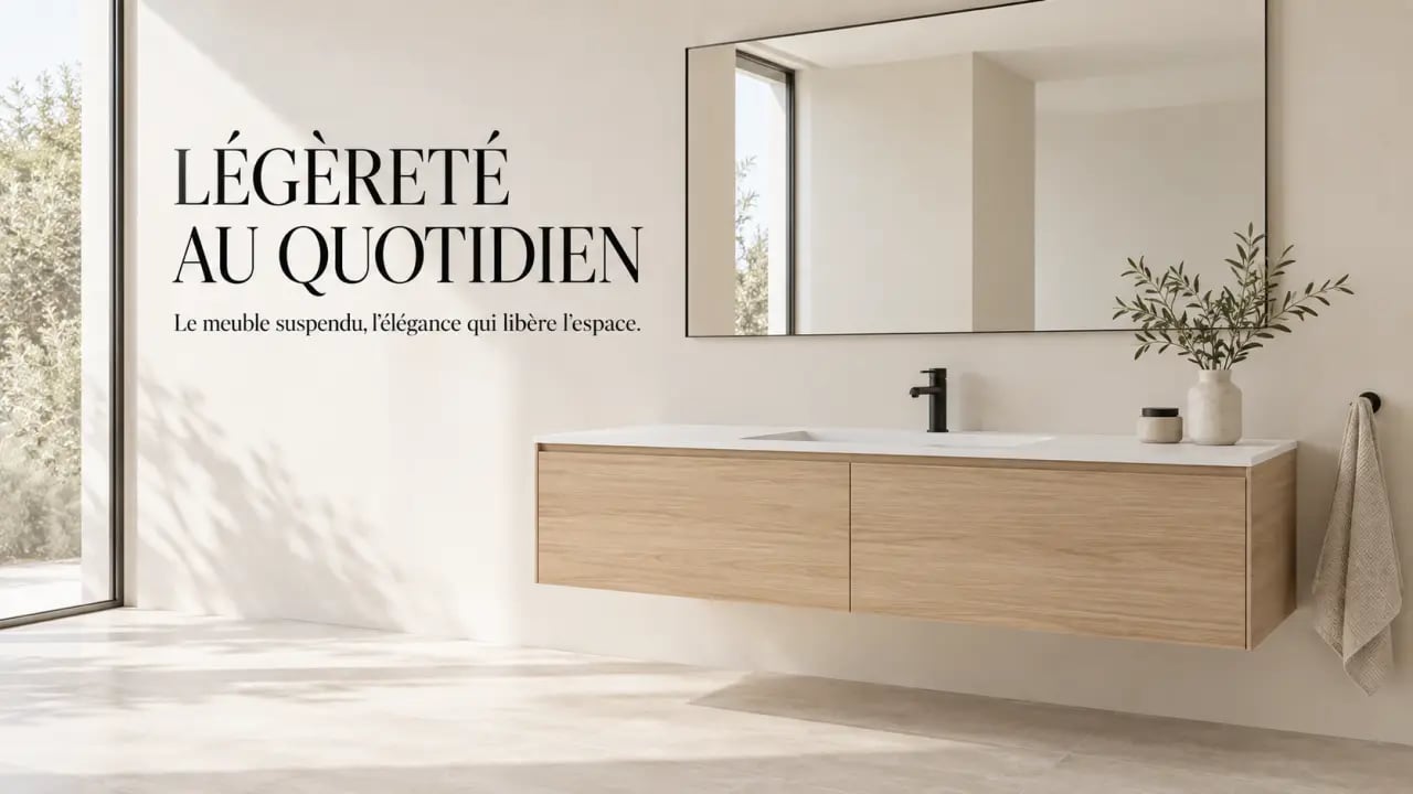 Meuble salle de bain design suspendu en bois clair avec vasque blanche et robinetterie noire
