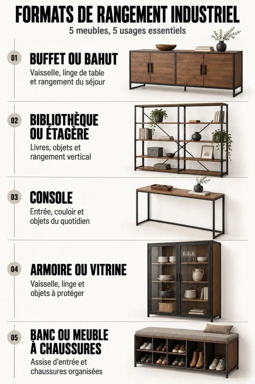 Infographie des formats de meuble de rangement industriel et de leurs usages