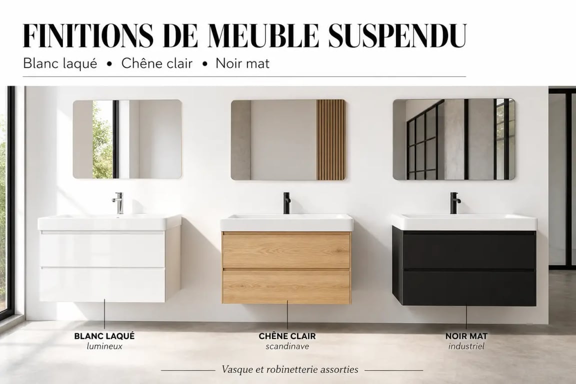 Meuble salle de bain suspendu en styles blanc laqué, bois et noir mat
