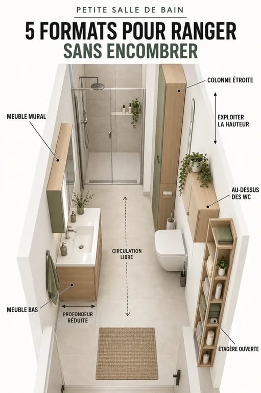 Petit meuble de rangement salle de bain : formats bas, colonne, mural, WC et étagère dans une pièce étroite