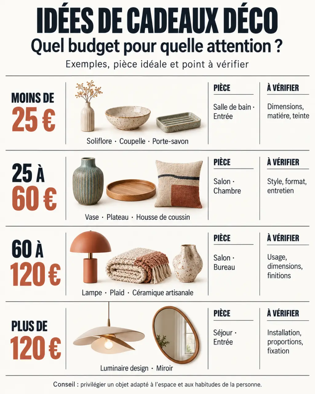 Infographie des budgets pour choisir un cadeau déco maison selon la pièce et l’occasion