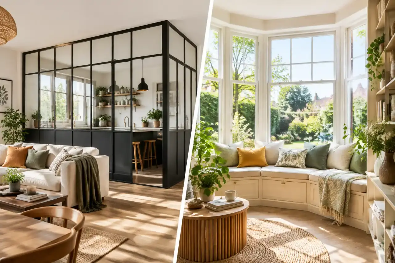 Bow-window contemporain en acier noir ouvrant sur un jardin lumineux