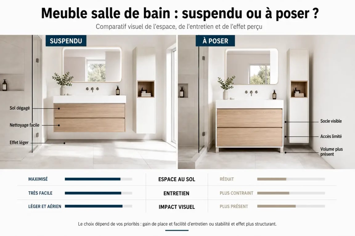 Meuble salle de bain suspendu comparé à un meuble à poser dans une salle de bains moderne