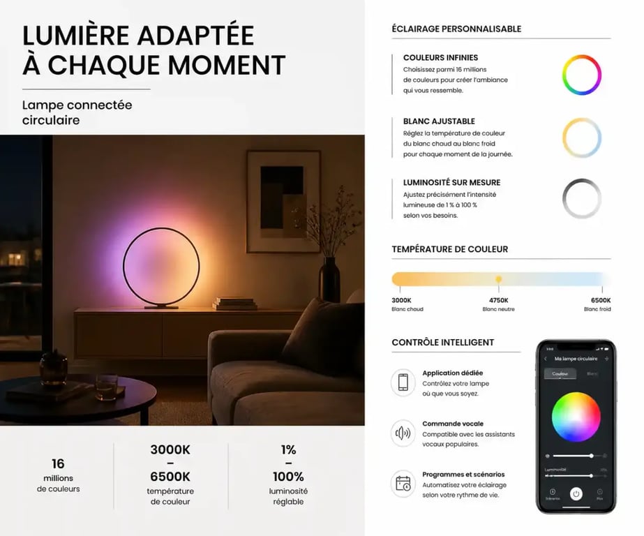 Lampe connectée originale diffusant une lumière colorée dans un salon