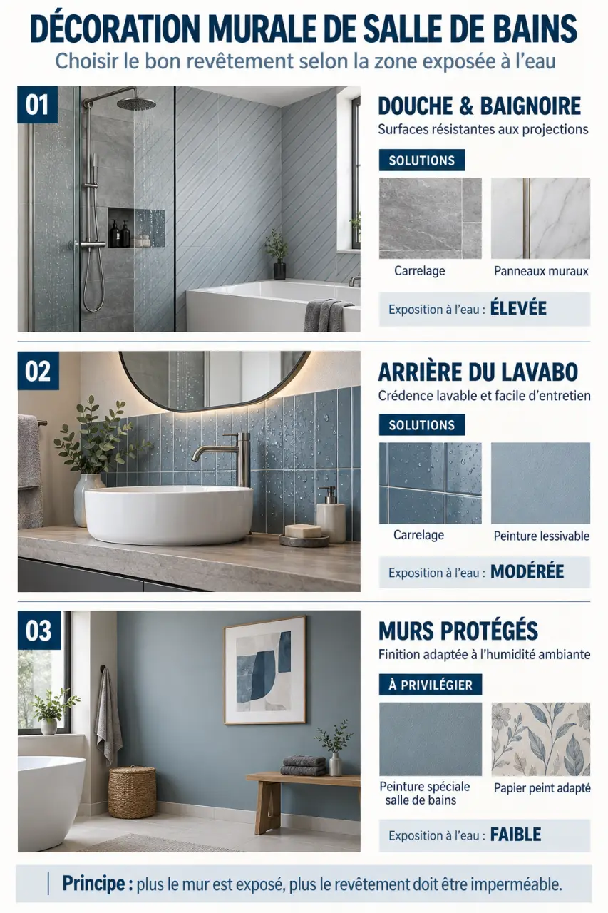 Infographie sur les matériaux de déco murale salle de bains selon l’exposition à l’eau