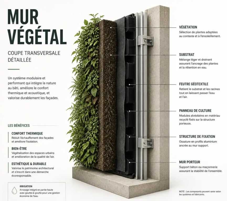 Schéma technique d'une plante murale montrant le système de fixation et de substrat