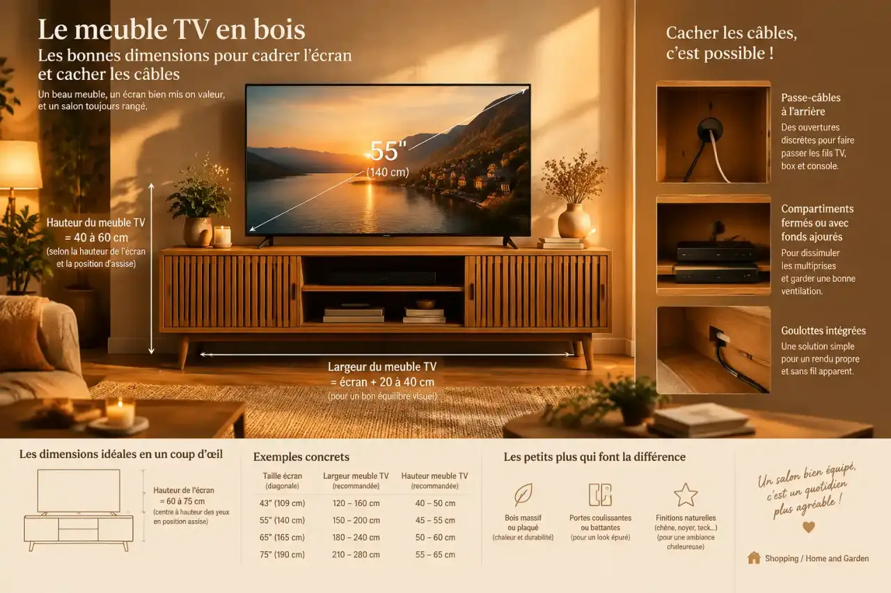 Meuble TV en bois : les bonnes dimensions pour cadrer l’écran et cacher les câbles