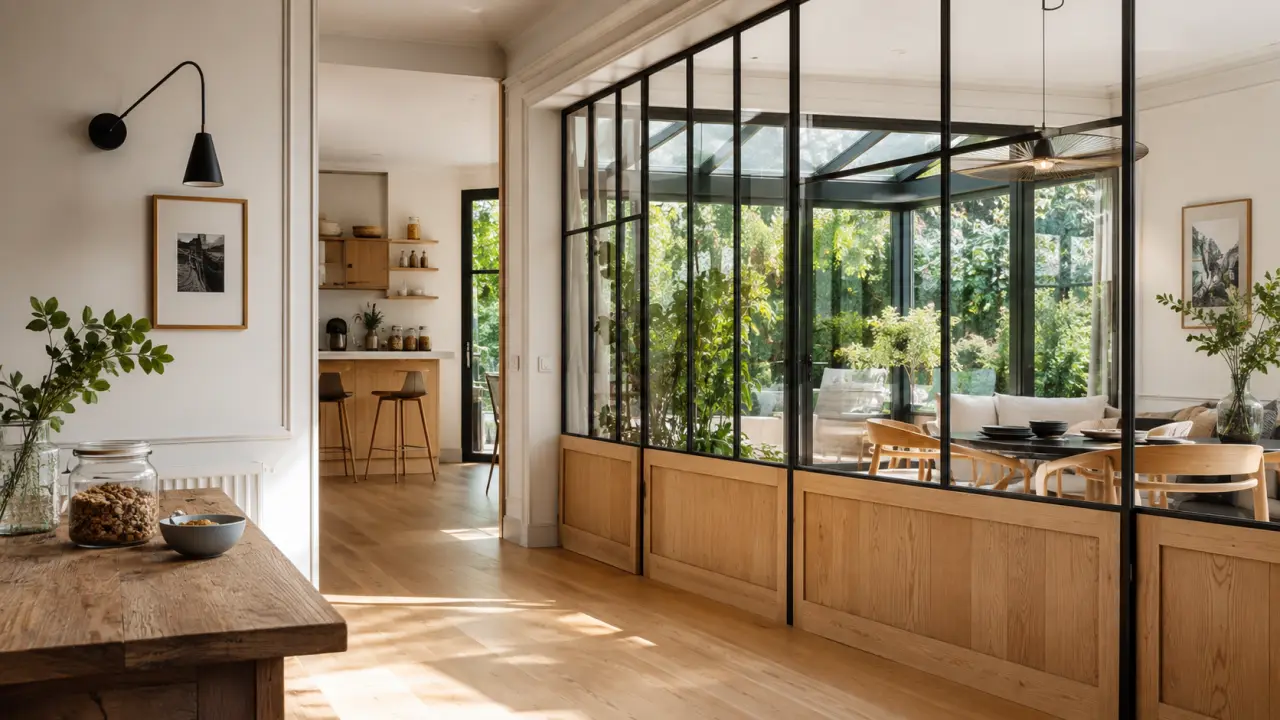 Verrière d’atelier moderne en acier noir et banquette en chêne clair, baignée de lumière naturelle