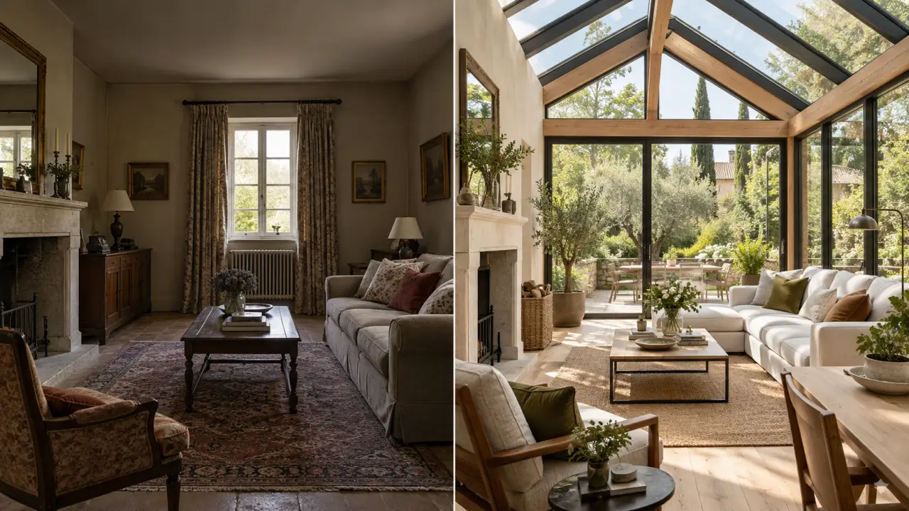Extension vitrée sur mesure baignée de lumière naturelle, ouverte sur un jardin