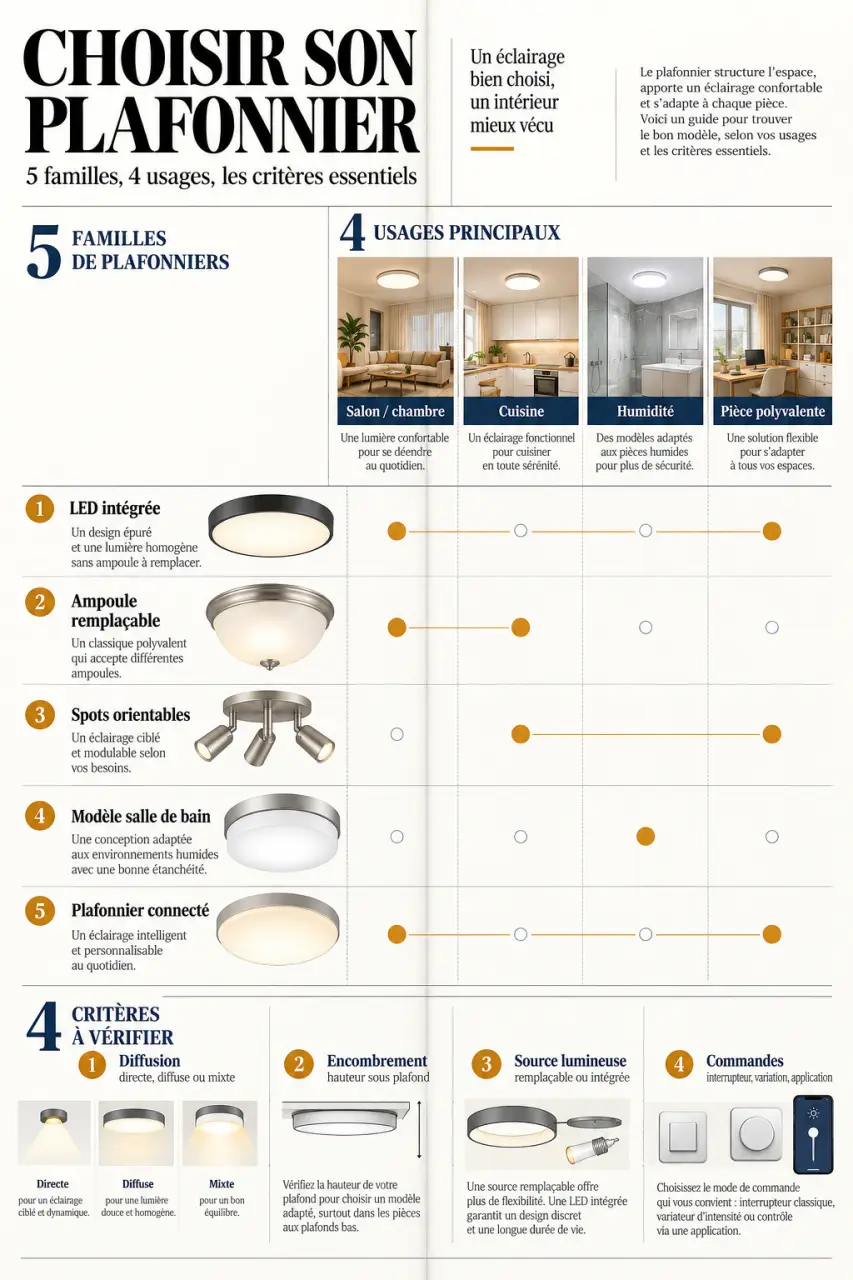Infographie comparative des types de luminaire plafonnier selon la pièce et l’usage