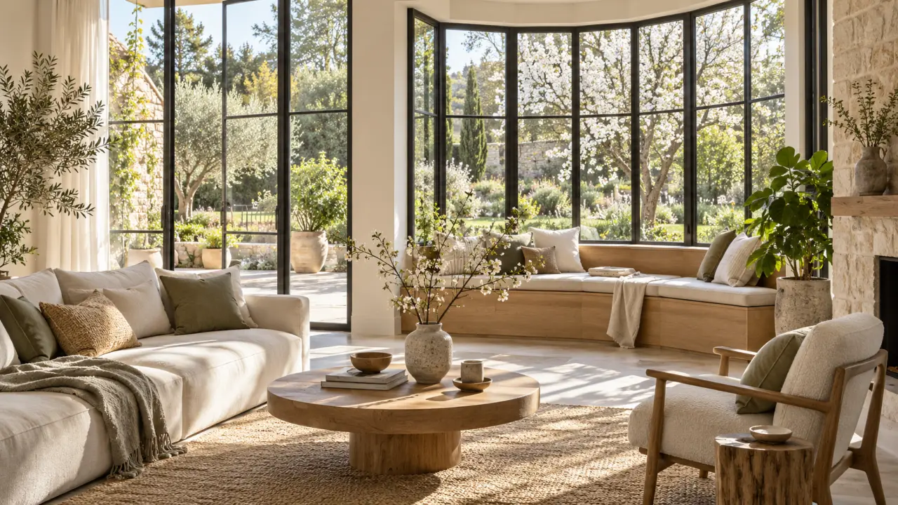 Intérieur lumineux avec une verrière sur mesure ouverte sur un jardin