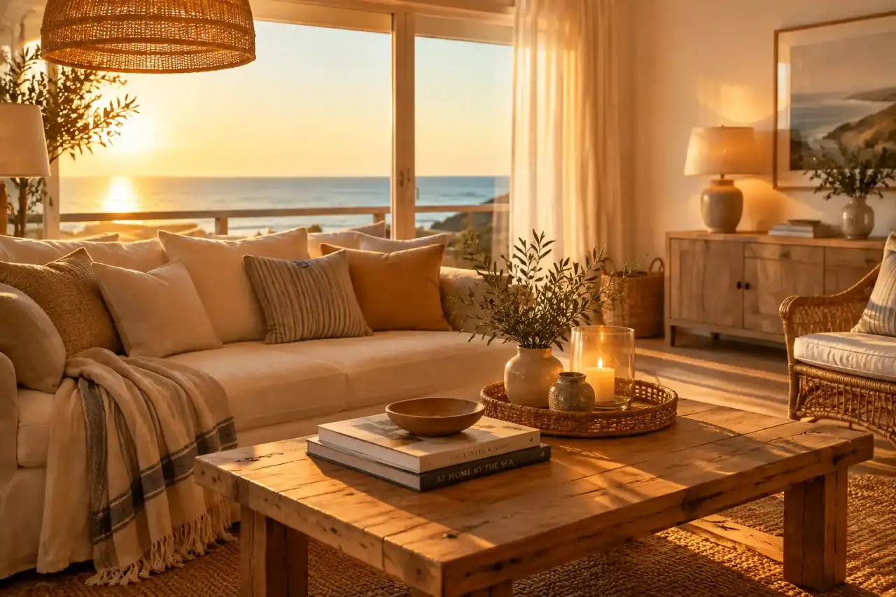 La décoration maison bord de mer repose sur la lumière et les matières, pas sur les coquillages