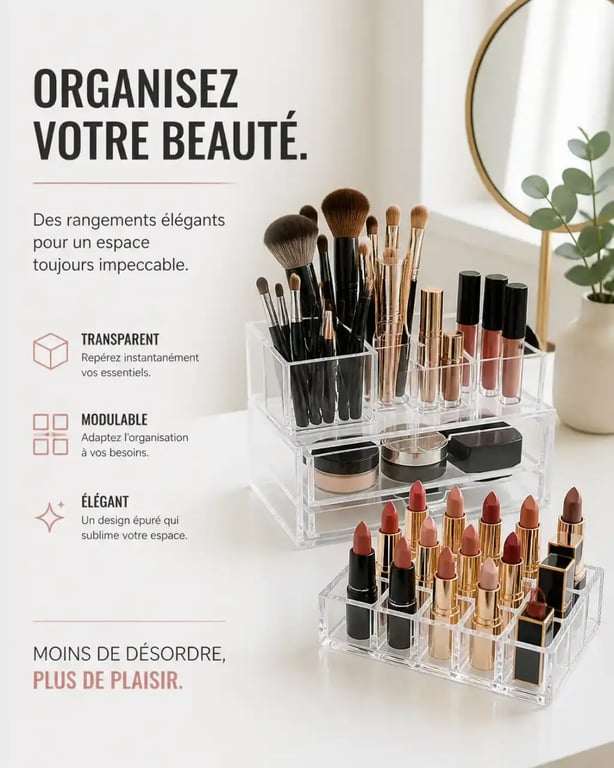 Rangement produits de beauté avec organisateurs en acrylique transparent sur une coiffeuse.