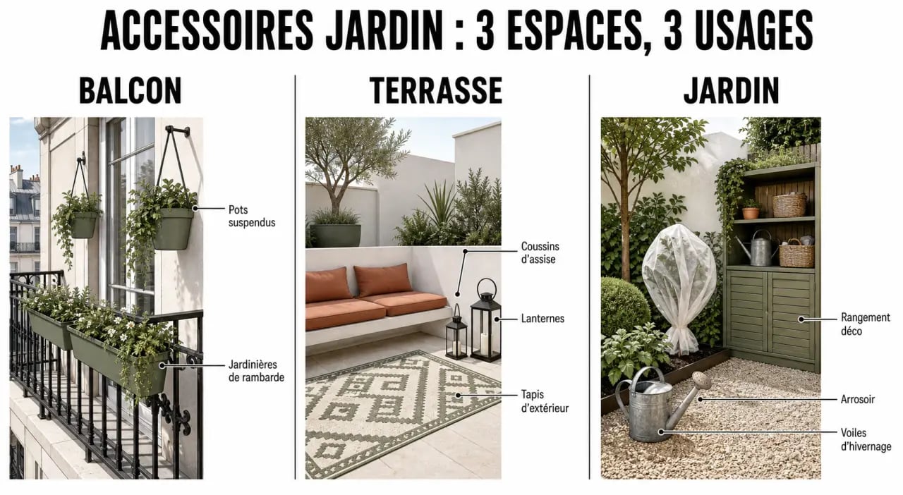 Accessoires jardin pour balcon, terrasse et jardin dans une composition éditoriale