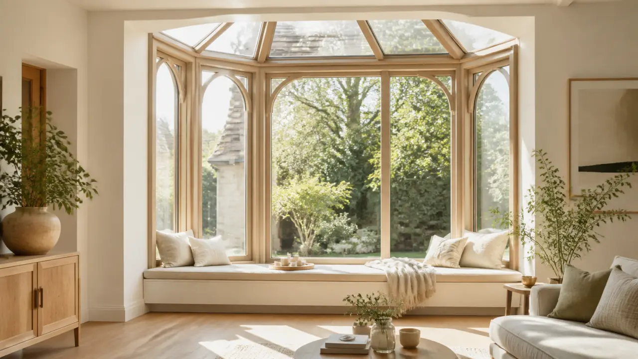 Bow-window moderne en acier noir et banquette en chêne clair, baigné de lumière naturelle avec vue sur un jardin verdoyant