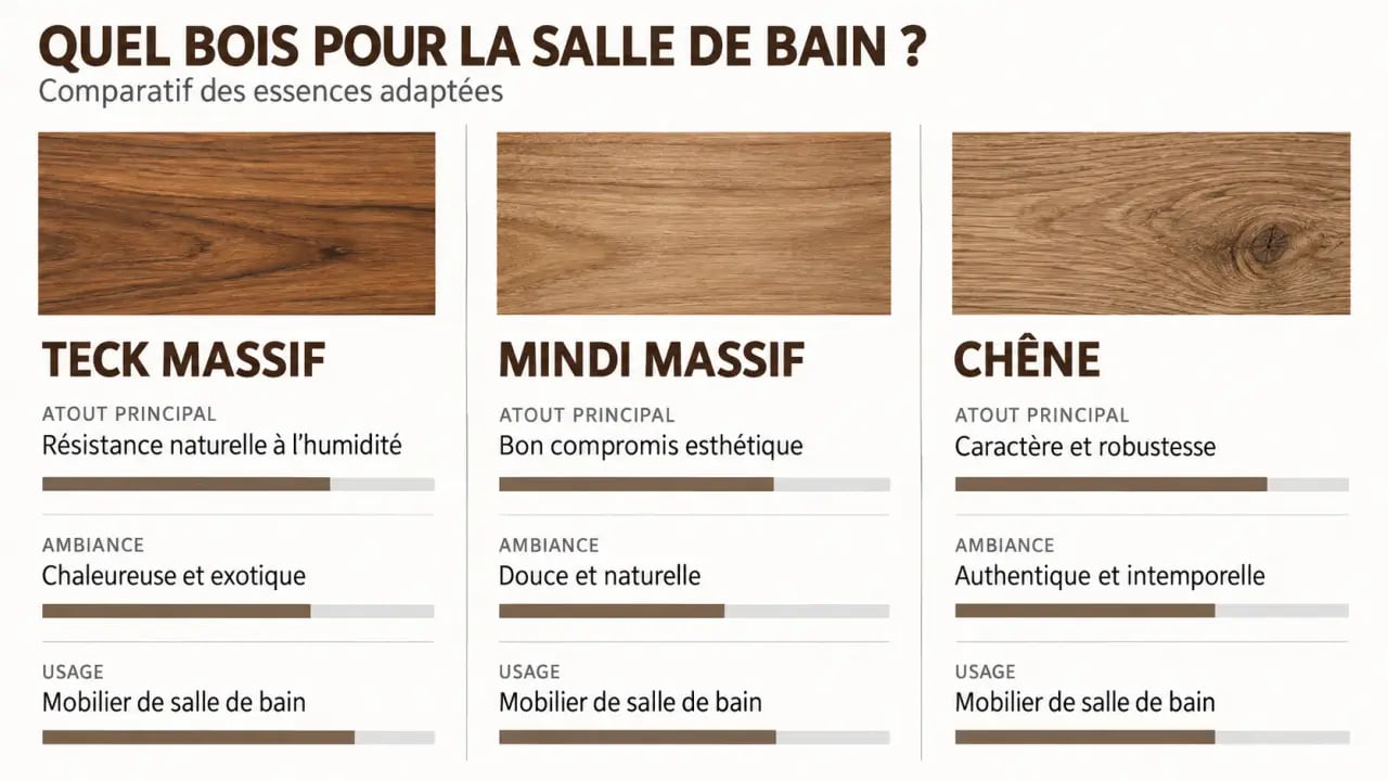Infographie comparative d’un meuble en bois pour salle de bain en teck, mindi ou chêne