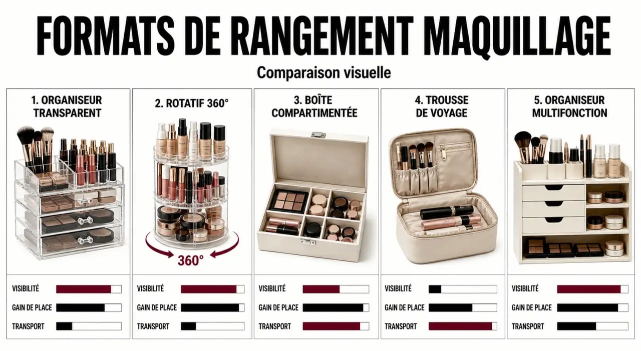 Comparaison des formats de rangement maquillage sur une mise en page éditoriale