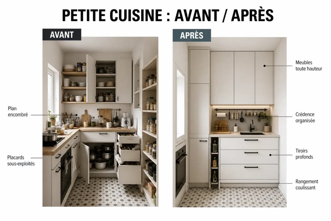 Comment optimiser les rangements dans une petite cuisine avec un avant/après visuel