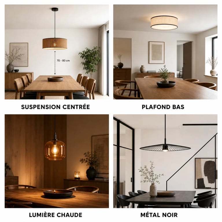 Lampe salle à manger : comparaison visuelle des suspensions, plafonniers et ambiances selon la configuration de la pièce