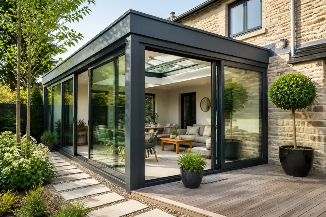 Extension vitrée lumineuse avec structure en acier noir, banquette en chêne clair et vue sur un jardin verdoyant