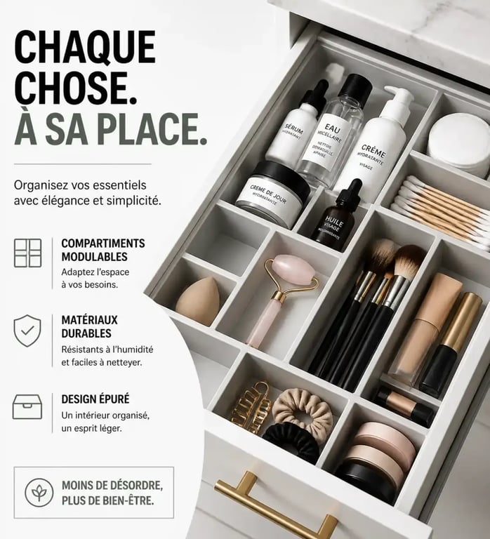 Optimisation de tiroir avec séparateurs modulables pour le rangement produits de beauté.