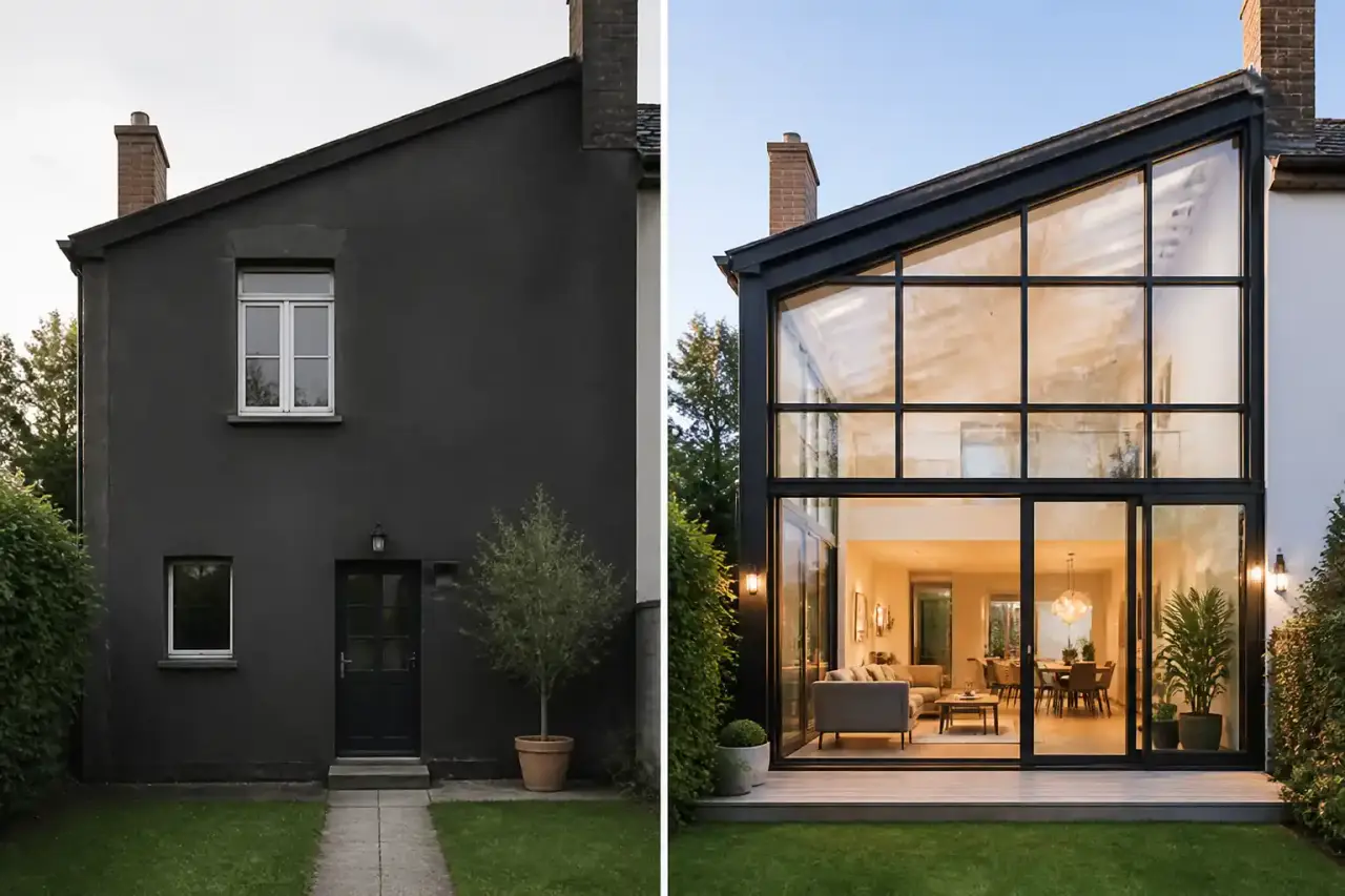 Façade transformée en verrière lumineuse avec structure noire et lumière naturelle abondante