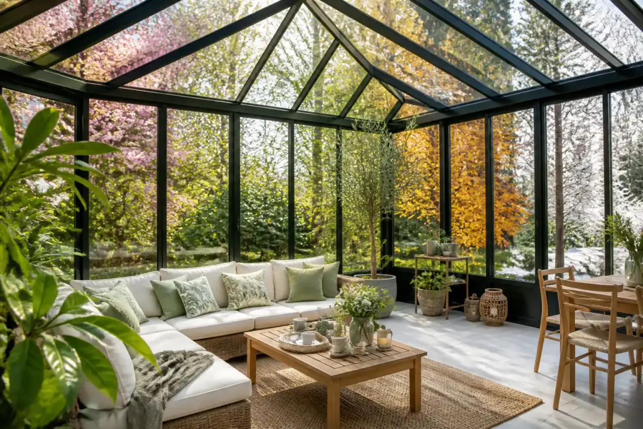 Fenêtre en oriel moderne avec structure en acier noir et banquette en chêne clair baignée de lumière naturelle