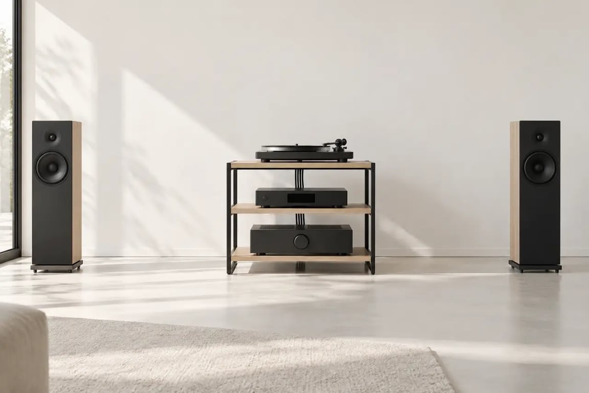 Meuble pour hifi design avec platine vinyle, amplificateur ventilé et câbles organisés