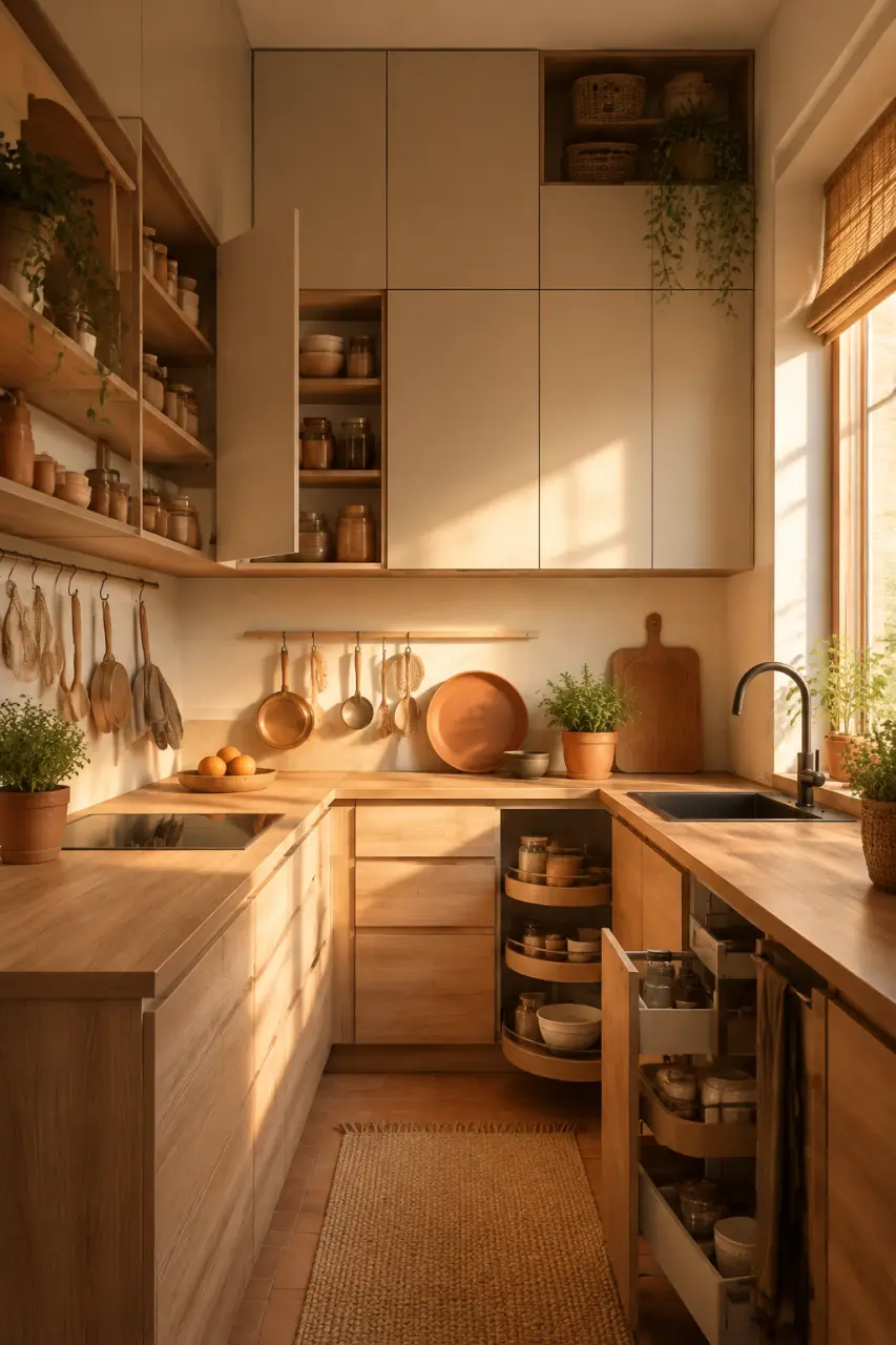 Optimiser les rangements d’une petite cuisine grâce à la hauteur, aux angles et à un plan de travail dégagé