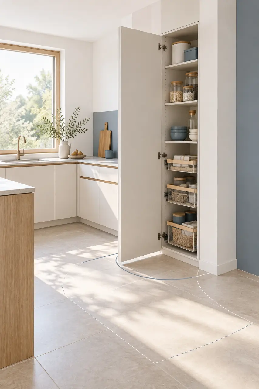 Meuble rangement colonne dans une petite cuisine avec porte ouverte et circulation préservée