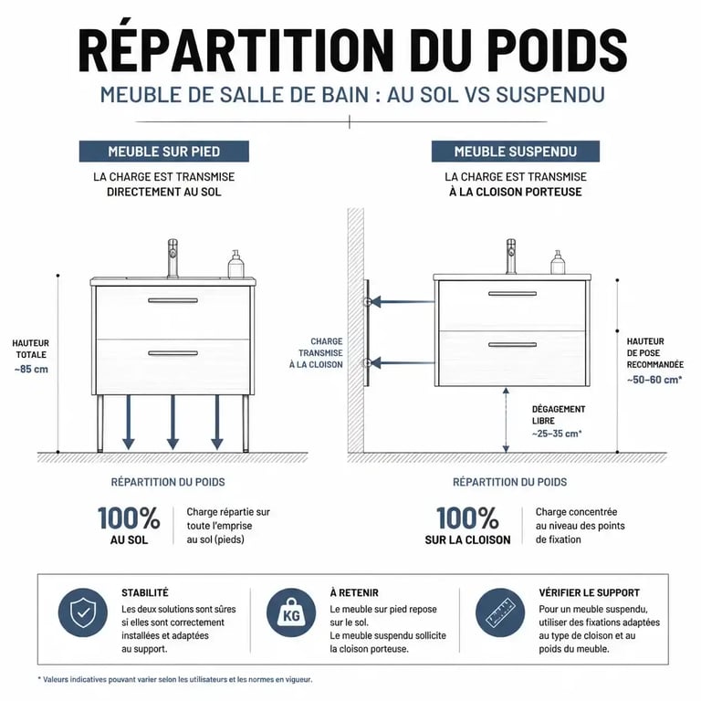 Schéma de répartition du poids pour un meuble salle de bain sur pied