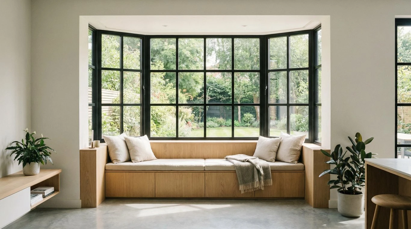 Fenêtre en oriel moderne avec structure acier noir et banquette chêne