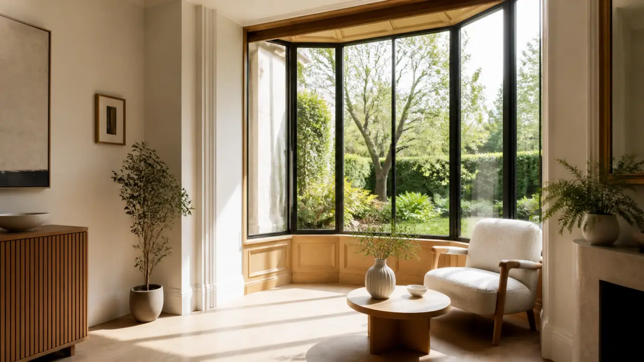Bow-window moderne baigné de lumière avec structure en acier noir et banquette en chêne clair, ouvrant sur un jardin verdoyant