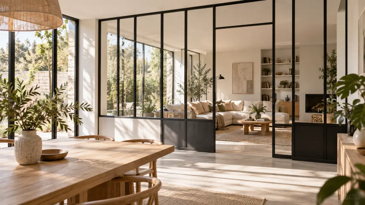 Verrière sur mesure en acier noir baignée de lumière naturelle dans un intérieur élégant