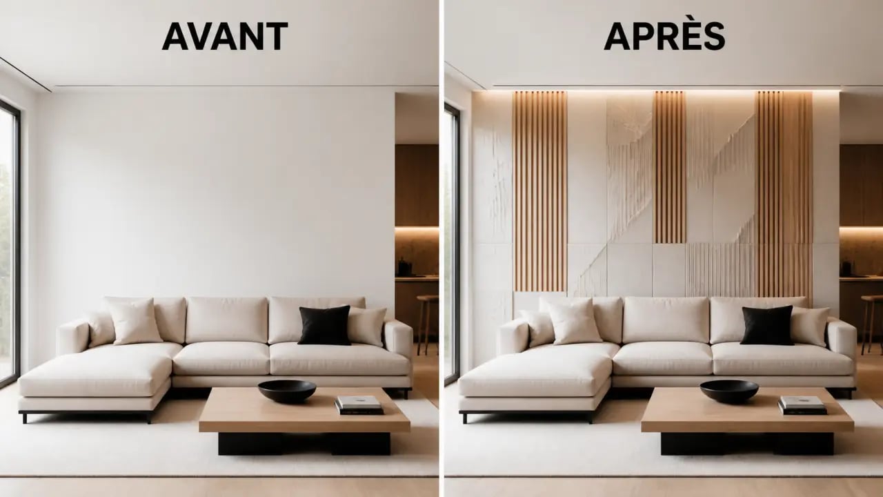 Avant-après de panneaux muraux décoratifs intérieurs dans un salon moderne
