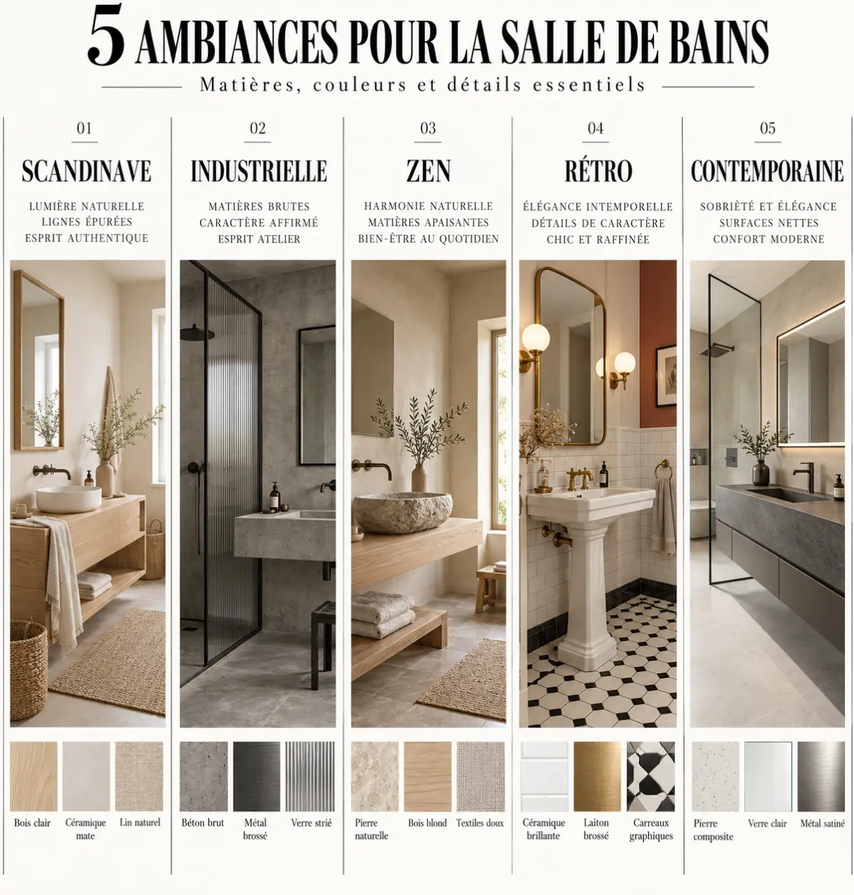 Infographie des cinq styles de salle de bains design : scandinave, industrielle, zen, rétro et contemporaine
