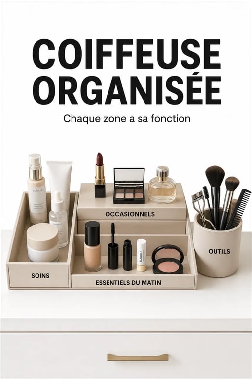 Coiffeuse avec rangement maquillage organisé par zones d'utilisation