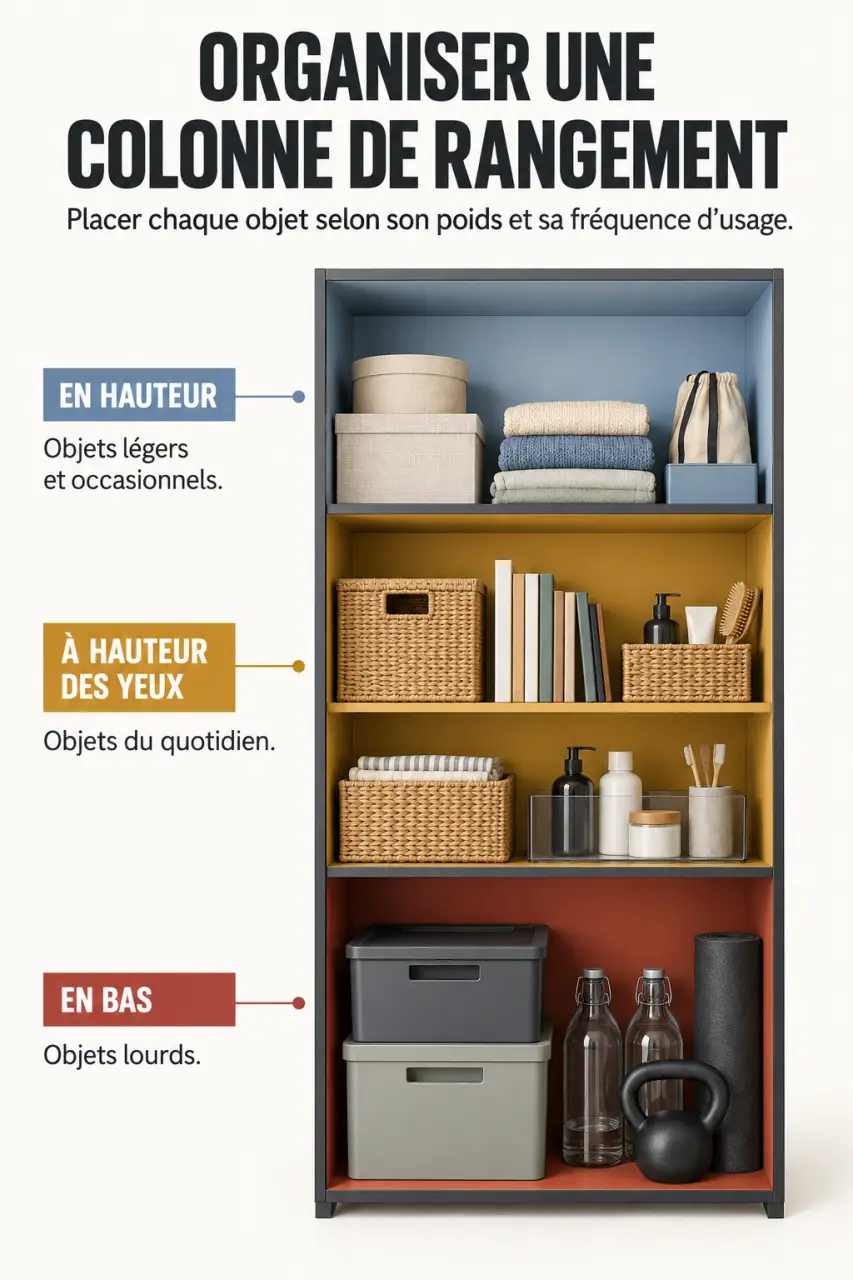 Infographie d'organisation d'un meuble rangement colonne selon la fréquence d'utilisation et le poids des objets