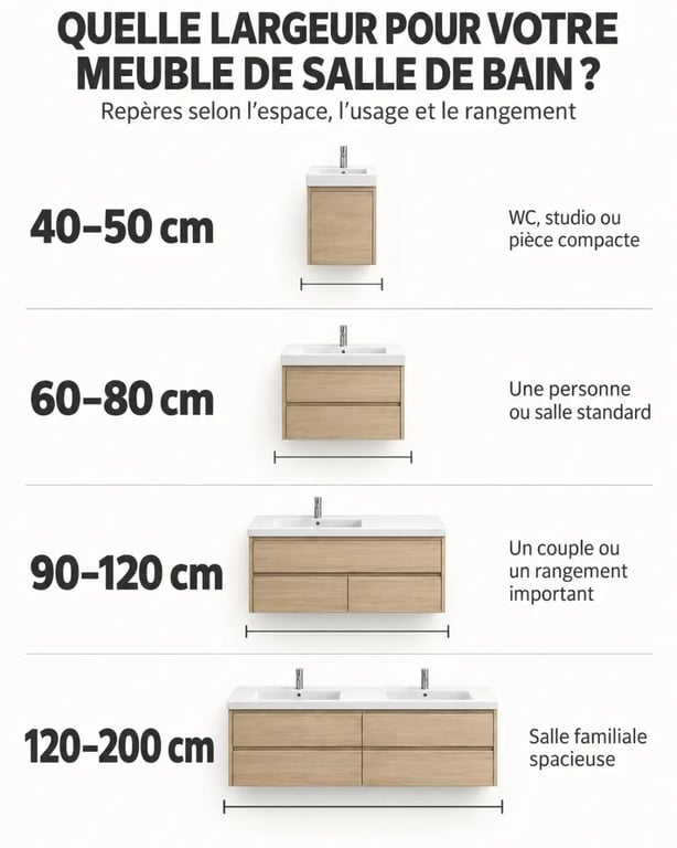 Infographie des dimensions d’un meuble salle de bain design selon la largeur et l’usage