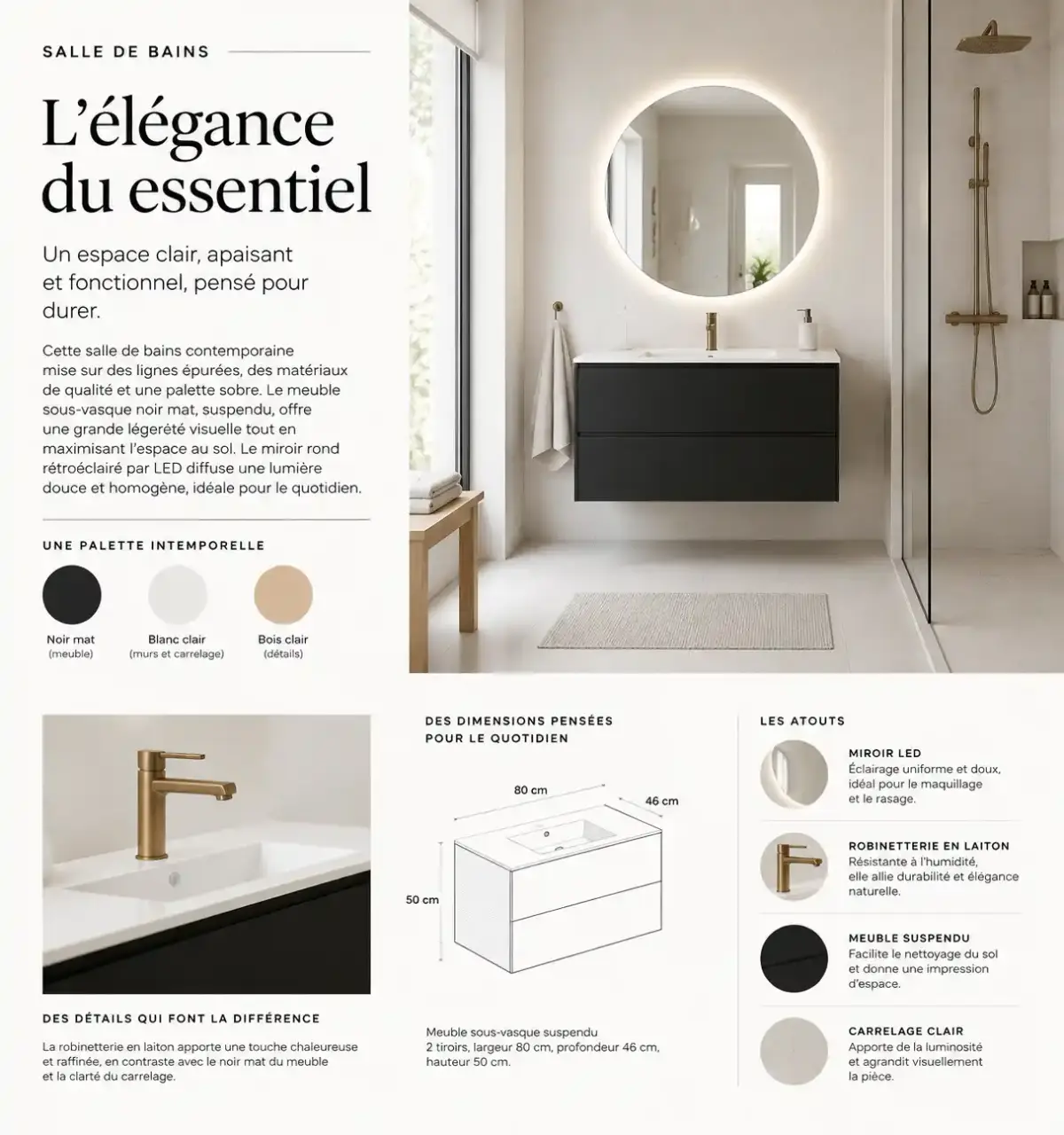 Meuble de salle de bains noir mat suspendu avec murs clairs, miroir LED et robinetterie laiton