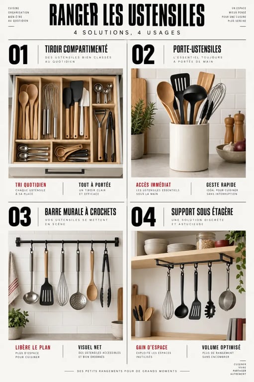 Infographie des solutions de range ustensiles cuisine : tiroir, porte-ustensiles et rangement mural